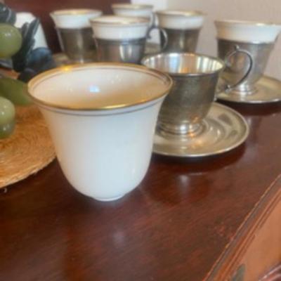 6 - Shreve & Co. Sterling Silver  Demitasse cup holders & saucers  w/ 7 Lenox China cup inserts 