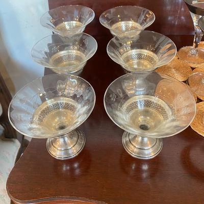 Antique Silver & Crystal Champage Coups - crystal bowl screws into silver stem
