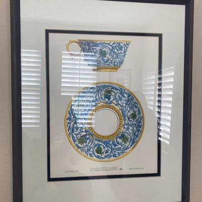 Two Framed Blue Porcelain Teapot and Teacup Prints