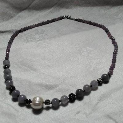 Exquisite Lavender Jade, Hematite, Amethyst 925 Beads With A Stunning Baroque Pearl 18" Necklace