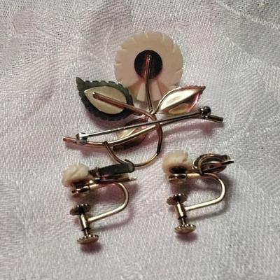Vintage Krementz 14K GF Jade Brooch and Screwback Earrings