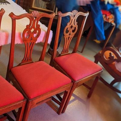 Set of 5 Chippendale Oak Antique Well Upholstered Chairs