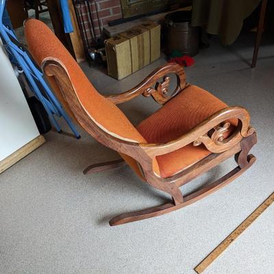 Antique Victorian Carved Walnut, Well Upholstered Rocking Chair
