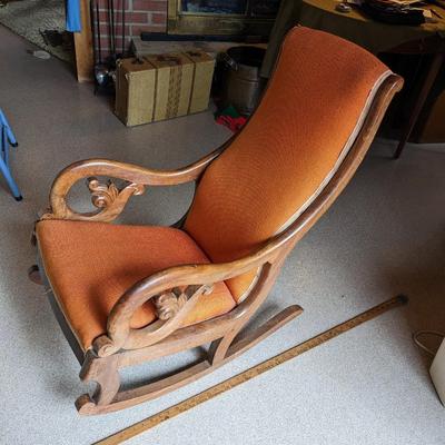 Antique Victorian Carved Walnut, Well Upholstered Rocking Chair