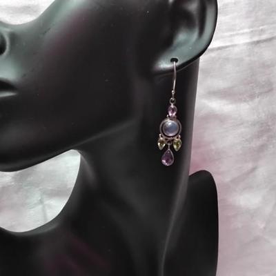 Vintage Moonstone, Peridot and Amethyst 925 Earrings