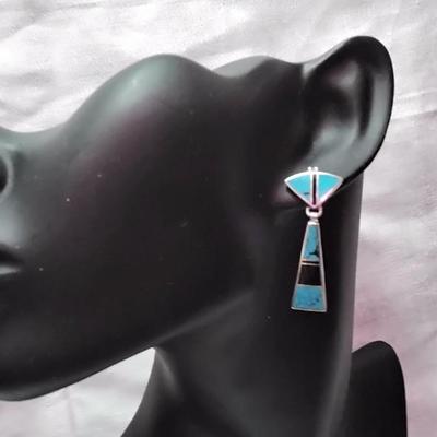 Gorgeous Turquoise and Onyx Signed Navajo Indian 925 Earrings