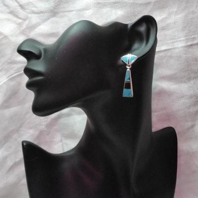 Gorgeous Turquoise and Onyx Signed Navajo Indian 925 Earrings