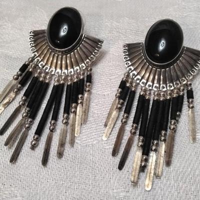 Vintage Navajo Silversmith Q.T. Black Onyx Concho 925 Earrings