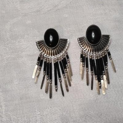 Vintage Navajo Silversmith Q.T. Black Onyx Concho 925 Earrings
