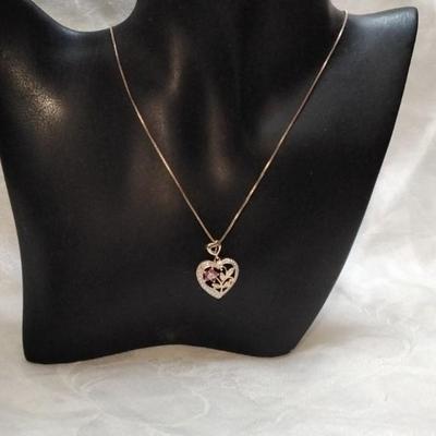 Vintage Ross Simons Diamond and Ruby Heart 18" Gold Vermeil Necklace