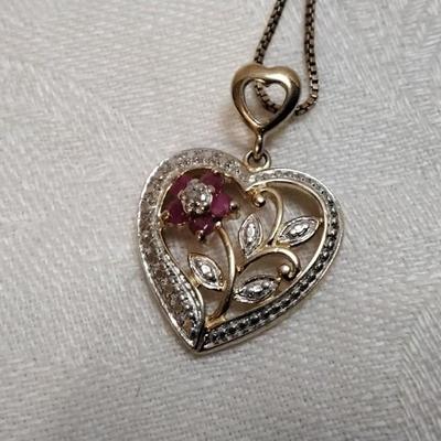Vintage Ross Simons Diamond and Ruby Heart 18" Gold Vermeil Necklace