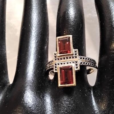Vintage Garnet and Black Spinels Gold Vermeil Ring Size 9