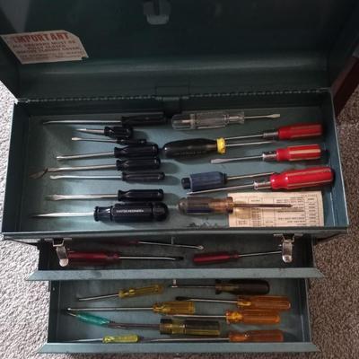 METAL CARRY TWO DRAWER TOOLBOX AND SCREW DRIVERS