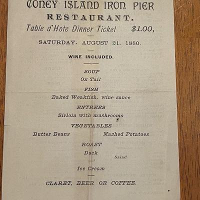 Original 1880 Coney Island restaurant menu - 143 years old ...