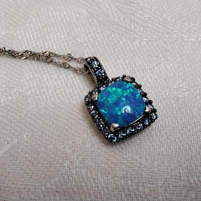 Blue Fire Opal With Swarovski crystals 18" 925 Necklace