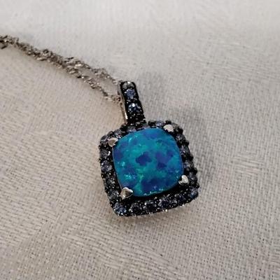 Blue Fire Opal With Swarovski crystals 18" 925 Necklace