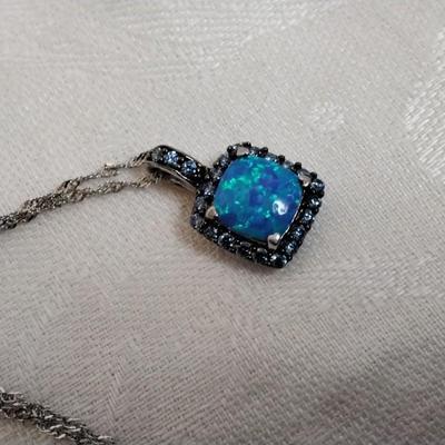 Blue Fire Opal With Swarovski crystals 18" 925 Necklace