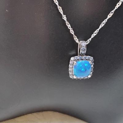 Blue Fire Opal With Swarovski crystals 18" 925 Necklace