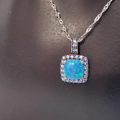 Blue Fire Opal With Swarovski crystals 18" 925 Necklace
