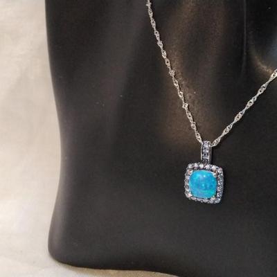 Blue Fire Opal With Swarovski crystals 18" 925 Necklace