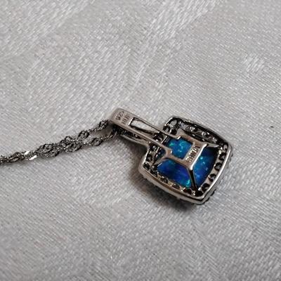 Blue Fire Opal With Swarovski crystals 18" 925 Necklace
