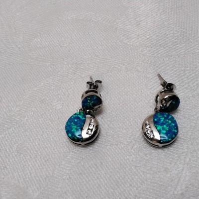 Blue Fire Opal Earrings With Diamond Accents 925 Post