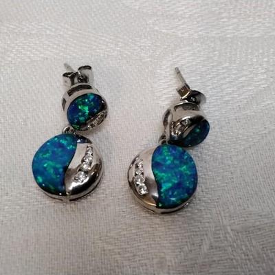 Blue Fire Opal Earrings With Diamond Accents 925 Post