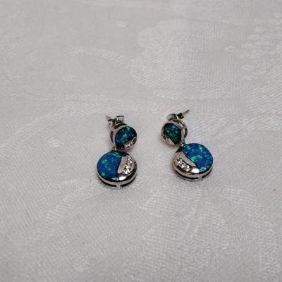 Blue Fire Opal Earrings With Diamond Accents 925 Post