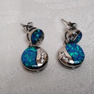 Blue Fire Opal Earrings With Diamond Accents 925 Post