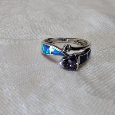Vintage Fire Blue Opal With Amethyst and Diamond Accent Size 8