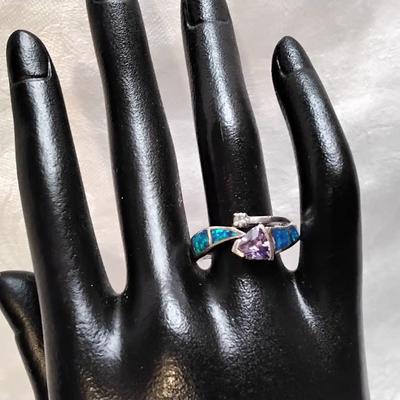 Vintage Fire Blue Opal With Amethyst and Diamond Accent Size 8