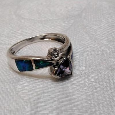 Vintage Fire Blue Opal With Amethyst and Diamond Accent Size 8