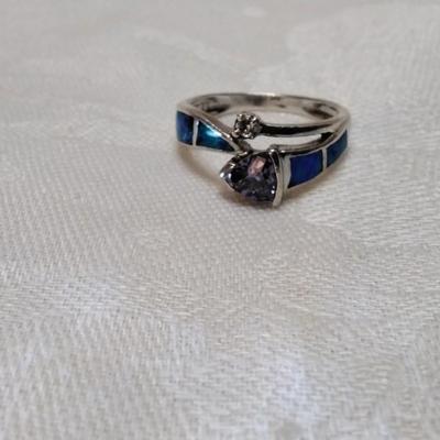 Vintage Fire Blue Opal With Amethyst and Diamond Accent Size 8