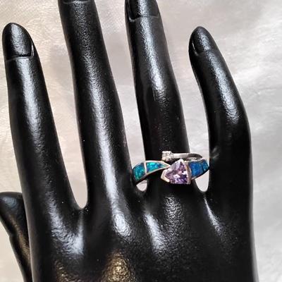 Vintage Fire Blue Opal With Amethyst and Diamond Accent Size 8