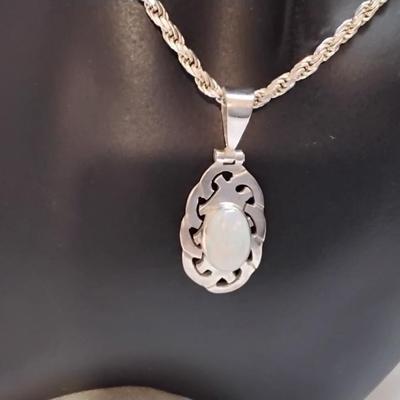 Vintage Mexico Opal 950 Silver On 19" 925 Italian Chain