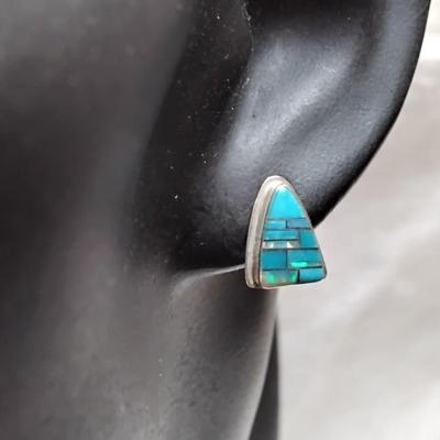 Zuni Turquoise and Opal Hand Marked Signed Post Earrings