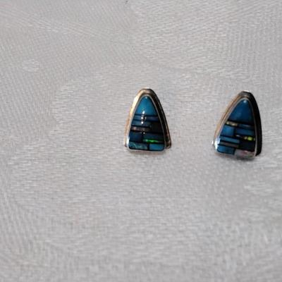 Zuni Turquoise and Opal Hand Marked Signed Post Earrings