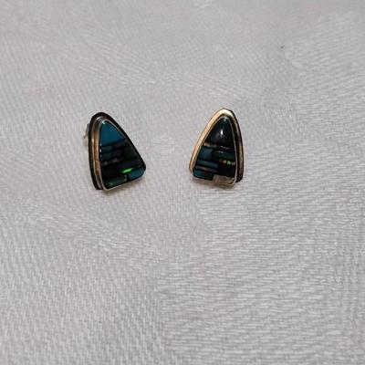 Zuni Turquoise and Opal Hand Marked Signed Post Earrings