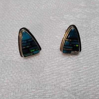 Zuni Turquoise and Opal Hand Marked Signed Post Earrings