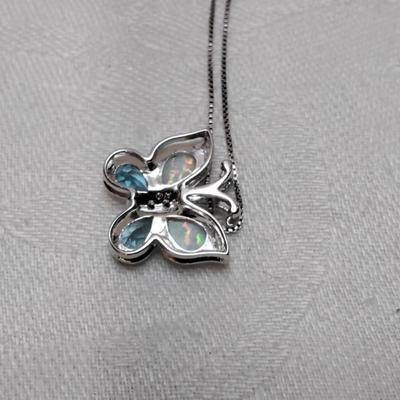 Opal and Aquamarine Butterfly With Diamond Accents  18" 925 Necklace