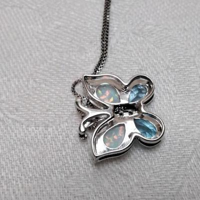 Opal and Aquamarine Butterfly With Diamond Accents  18" 925 Necklace