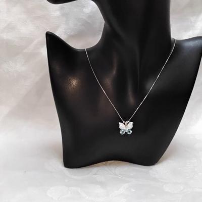 Opal and Aquamarine Butterfly With Diamond Accents  18" 925 Necklace