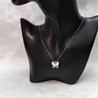 Opal and Aquamarine Butterfly With Diamond Accents  18" 925 Necklace
