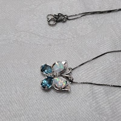 Opal and Aquamarine Butterfly With Diamond Accents  18" 925 Necklace
