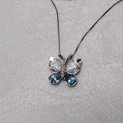 Opal and Aquamarine Butterfly With Diamond Accents  18" 925 Necklace