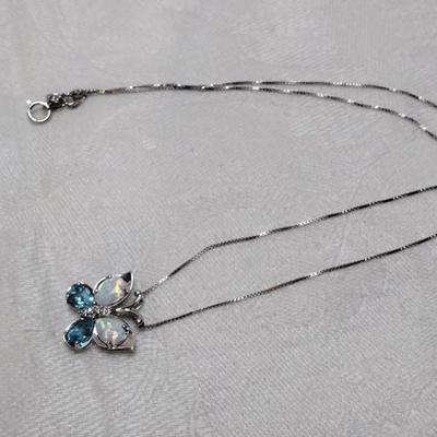 Opal and Aquamarine Butterfly With Diamond Accents  18" 925 Necklace