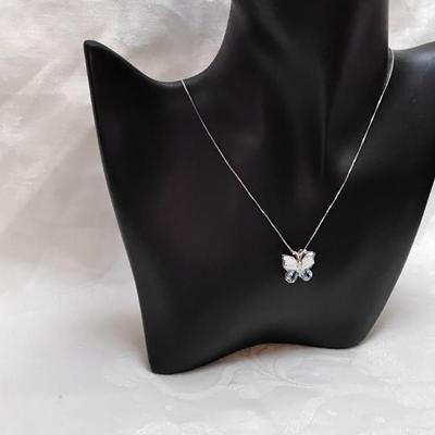 Opal and Aquamarine Butterfly With Diamond Accents  18" 925 Necklace