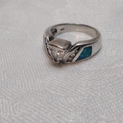 Blue Fire Opal With White Sapphires 925 Ring Size 7