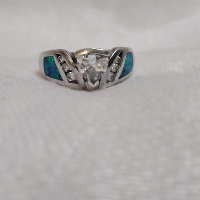 Blue Fire Opal With White Sapphires 925 Ring Size 7