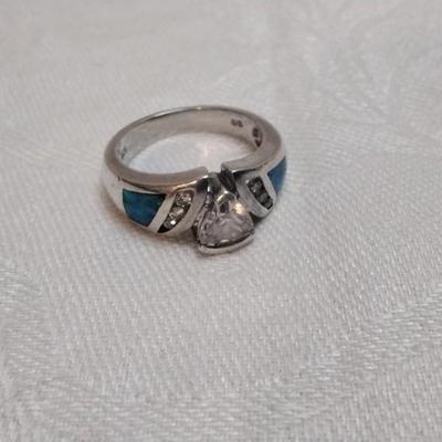 Blue Fire Opal With White Sapphires 925 Ring Size 7